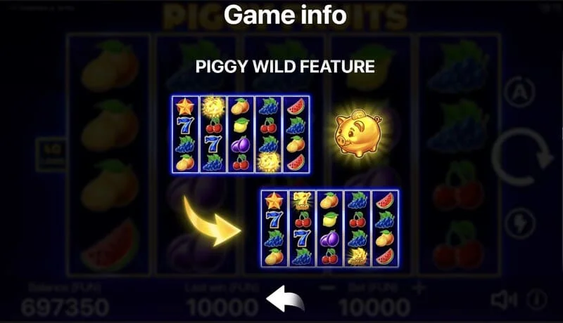 Piggy Fruits - et spilskærmbillede med et 5x4 gitter og frugtsymboler
